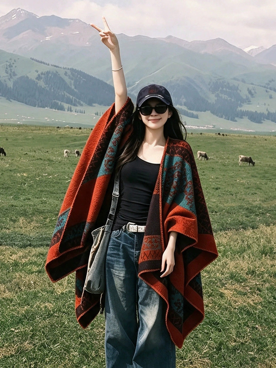 Women Fall Winter Ethnic Style Slit Wrap Shawl