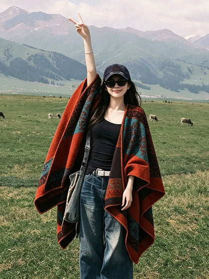 Women Fall Winter Ethnic Style Slit Wrap Shawl