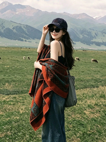 Women Fall Winter Ethnic Style Slit Wrap Shawl