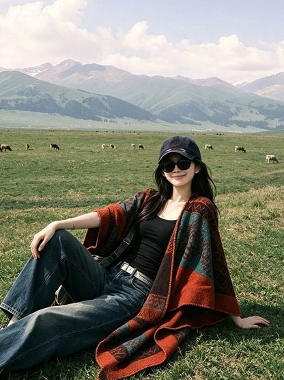 Women Fall Winter Ethnic Style Slit Wrap Shawl