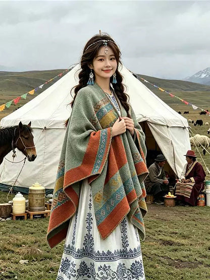 Women Fall Winter Ethnic Style Slit Wrap Shawl