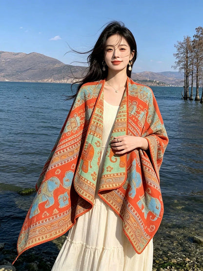 Women Fall Winter Ethnic Style Slit Wrap Shawl