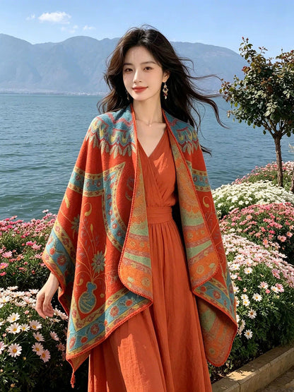 Women Fall Winter Ethnic Style Slit Wrap Shawl