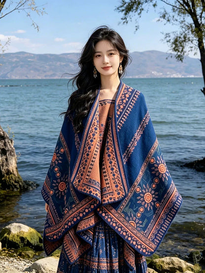 Women Fall Winter Ethnic Style Slit Wrap Shawl