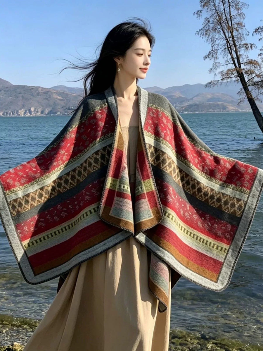 Women Fall Winter Ethnic Style Slit Wrap Shawl