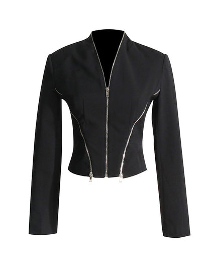 Long Sleeves Split-Joint Zipper V-neck Jackets Outerwear