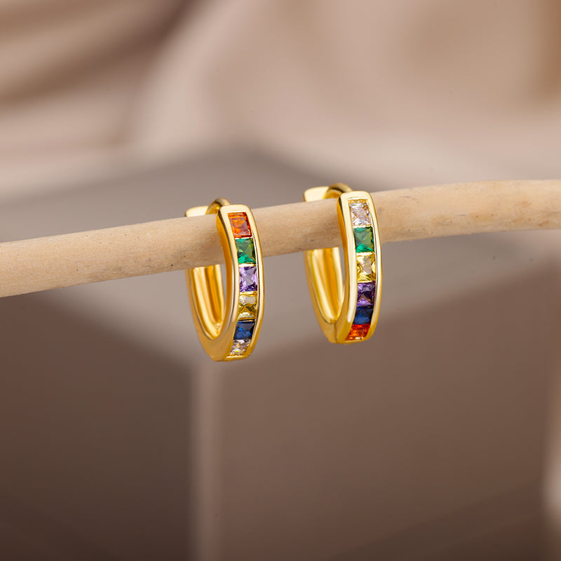 Geometric Waterproof Non Tarnish Earrings For Women, Copper With 18K Real Gold Plated PVD Coating And Zircon Inlay