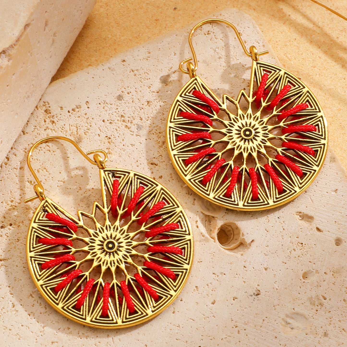 Bohemian Gold Sector Carving Earrings For Women With 304 Stainless Steel Ear Pins, Zinc Alloy Material
