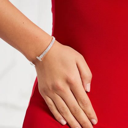 Silver Alloy Bangle For Women With Rhinestones Inlay, Stylish Streetwear Accessory