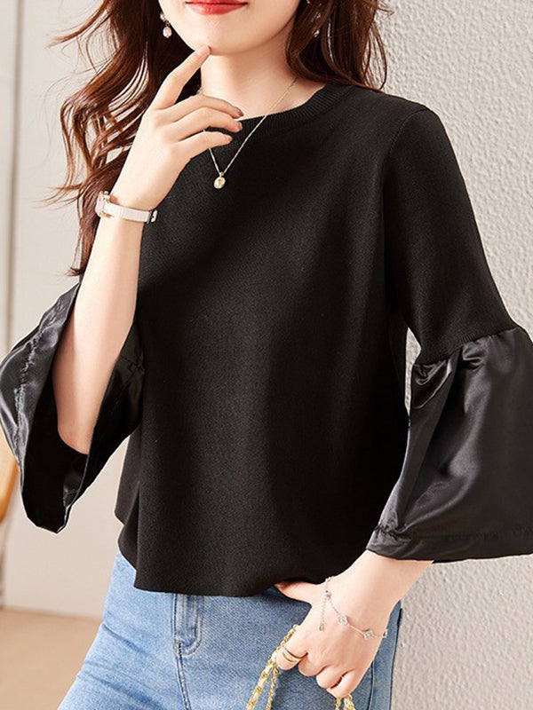 Flared Sleeves Long Sleeves Pleated Split-Joint Round-neck T-Shirts Tops
