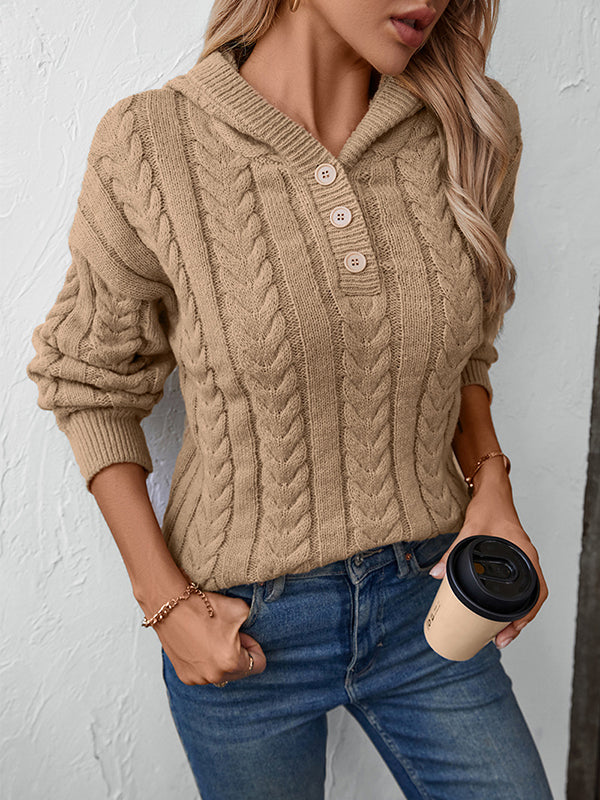 Hooded Long Sleeves Buttoned Solid Color Split-Joint Sweater Tops