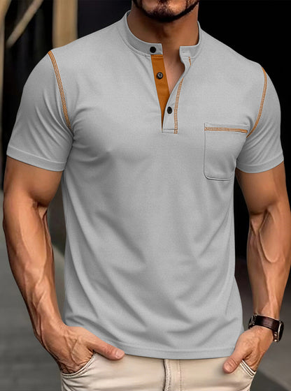 Solid Color Short Sleeve Elastane T-shirt For Men With Standing Collar In Skinny Fit