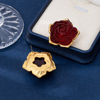 Rose Stud Earrings For Unisex, 1 Pair In Red Featuring Zinc Alloy With 925 Sterling Silver Ear Pins