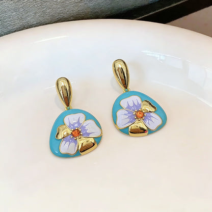 Unisex Flowers Stud Earrings For Everyday Wear Featuring Electroplated Alloy With 925 Sterling Silver Ear Pins And Rhinestones