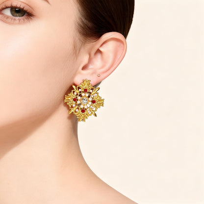 Retro Flowers Stud Earrings For Women With 925 Sterling Silver Posts And Zircon Inlay In Zinc Alloy