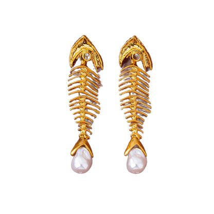 Exaggerated Fish Bone Stud Earrings For Unisex Featuring Freshwater Pearl Inlay With 925 Sterling Silver Posts And Zinc Alloy Design