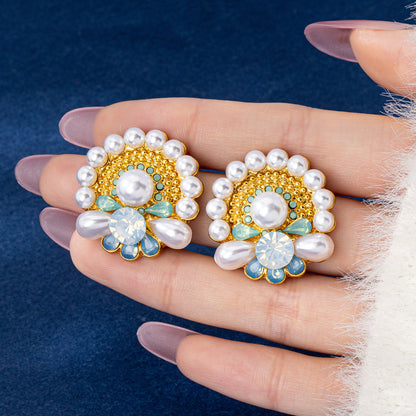 Round Stud Earrings For Women Featuring Artificial Pearl Inlay With 925 Sterling Silver Posts And Zinc Alloy Design In Silver