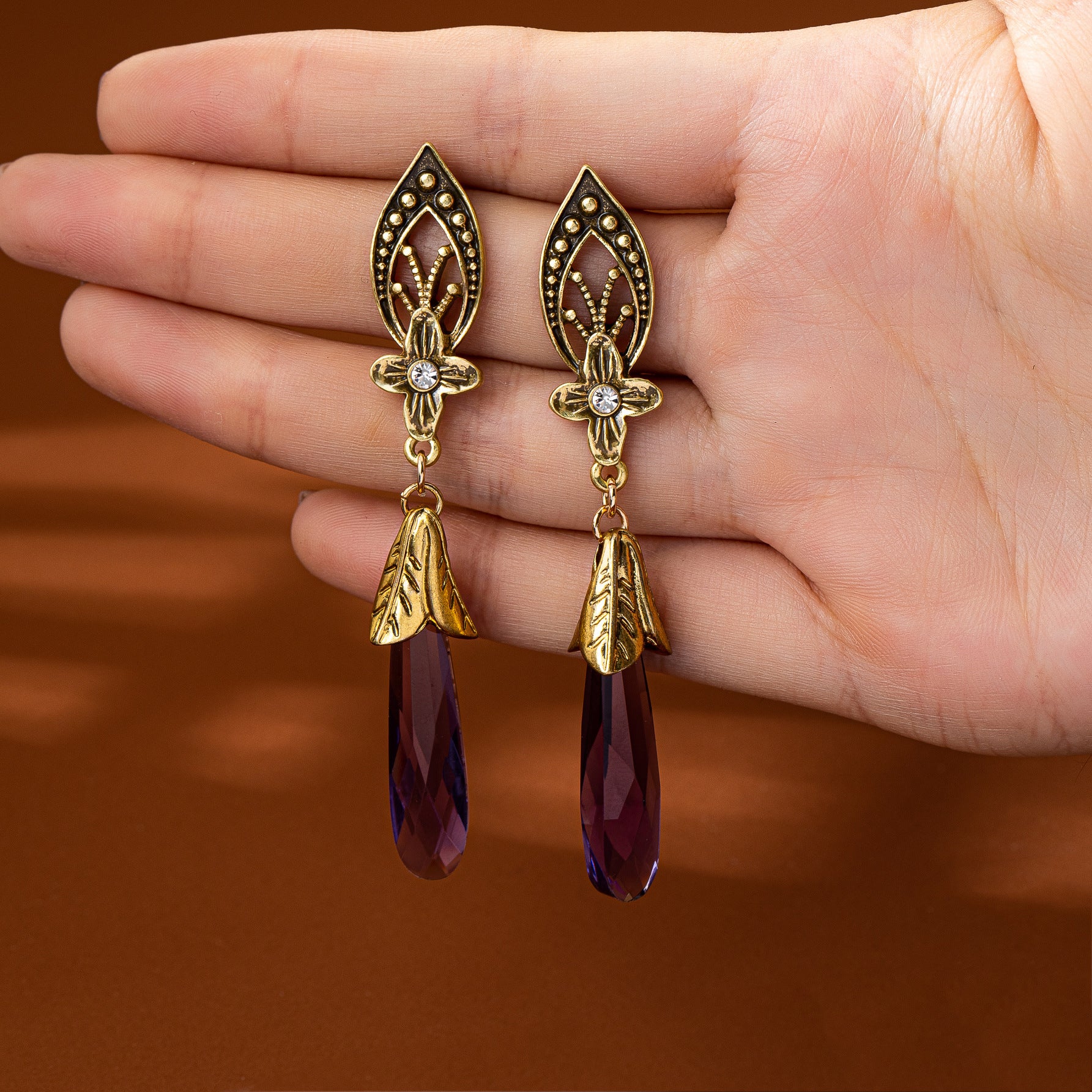 Retro Water Droplets Stud Earrings In Purple Featuring Electroplated Alloy With 925 Sterling Silver Ear Pins
