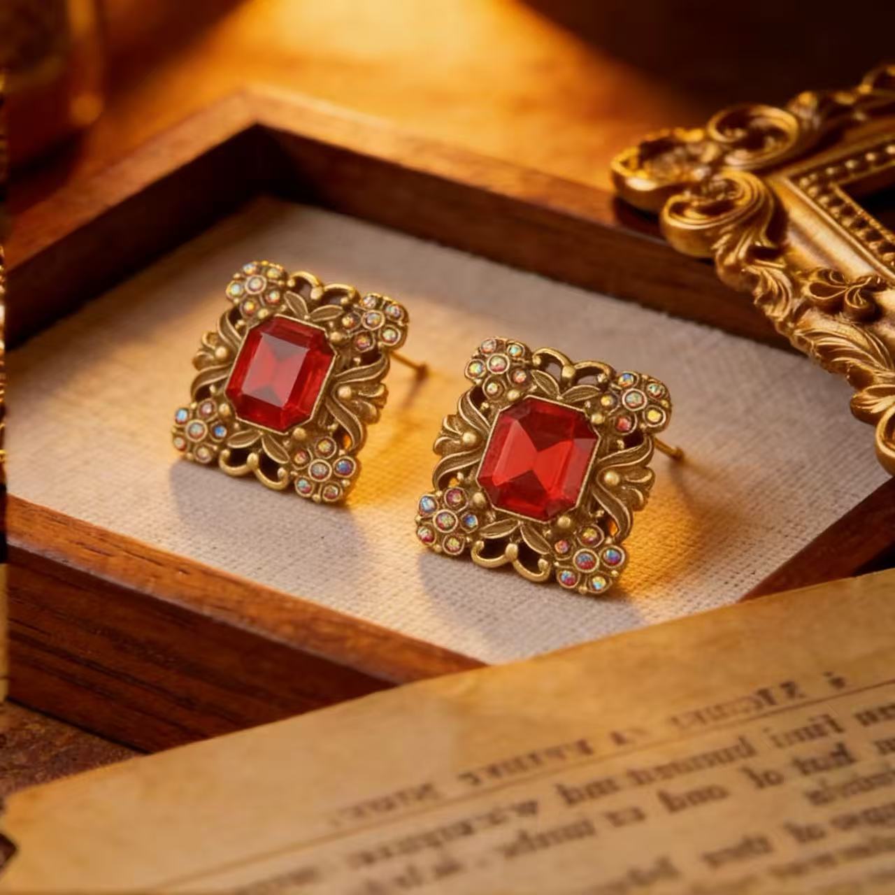 Square Stud Earrings For Unisex In Red Alloy With Rhinestones Featuring 925 Sterling Silver Ear Pins
