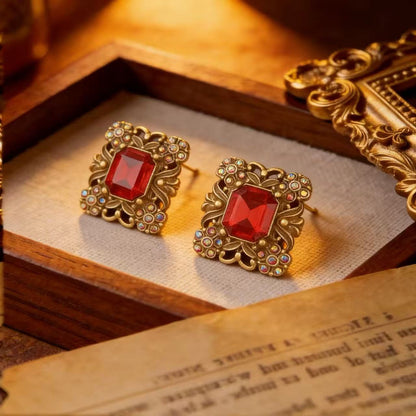 Square Stud Earrings For Unisex In Red Alloy With Rhinestones Featuring 925 Sterling Silver Ear Pins