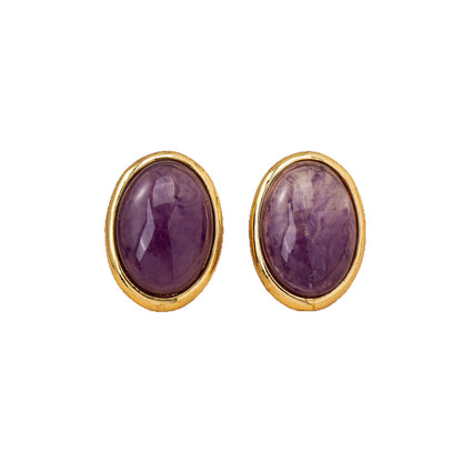 Retro Oval Stud Earrings With Crystal Inlay, Electroplated Alloy And 925 Sterling Silver Posts