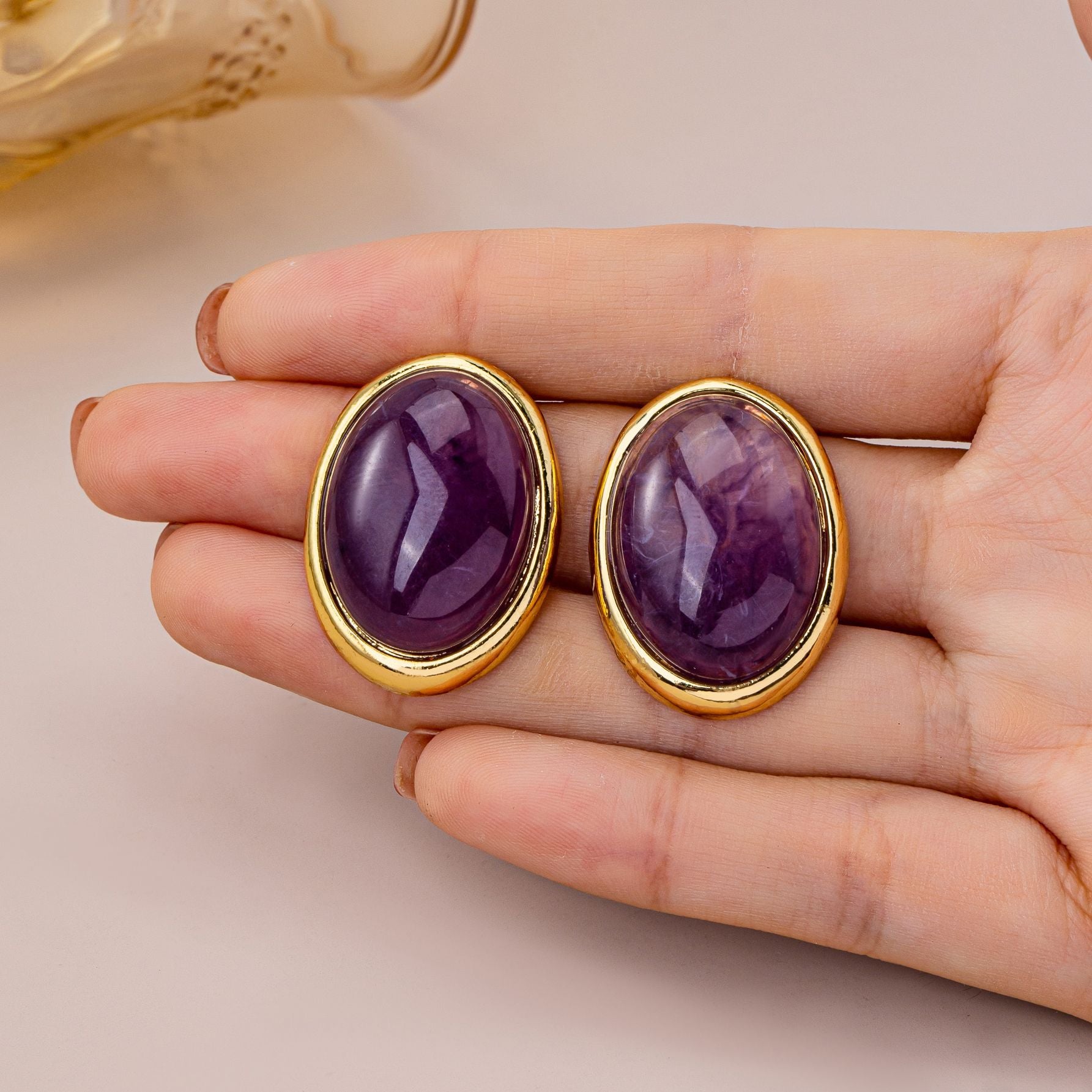 Retro Oval Stud Earrings With Crystal Inlay, Electroplated Alloy And 925 Sterling Silver Posts