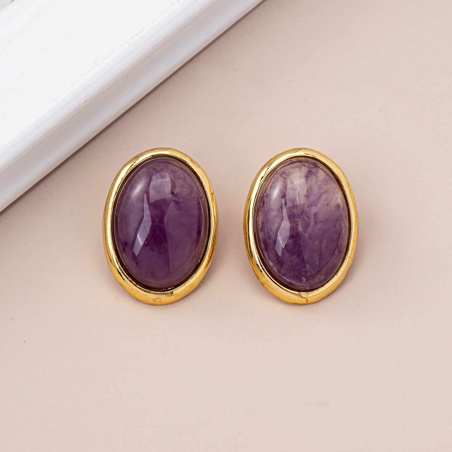 Retro Oval Stud Earrings With Crystal Inlay, Electroplated Alloy And 925 Sterling Silver Posts