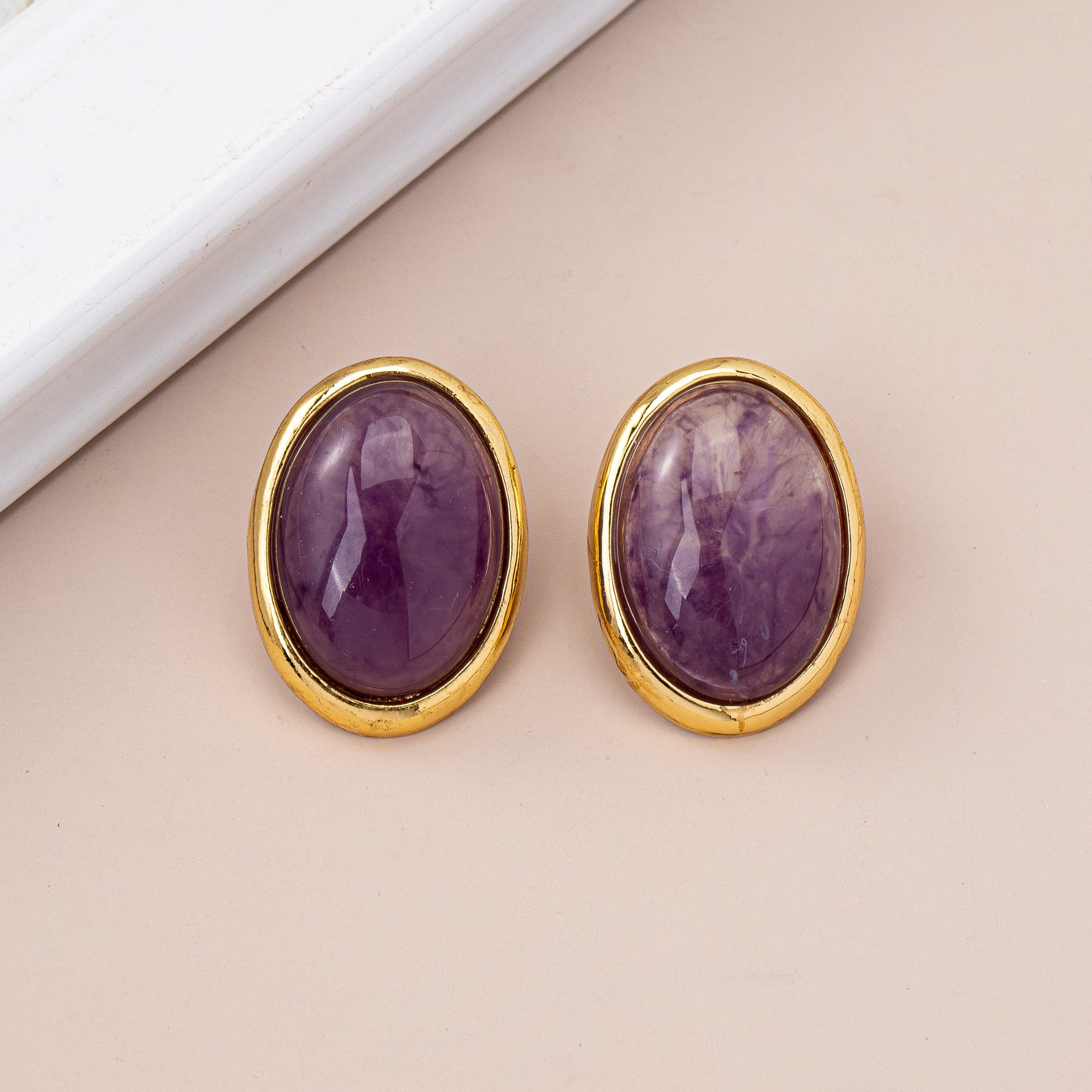 Retro Oval Stud Earrings With Crystal Inlay, Electroplated Alloy And 925 Sterling Silver Posts