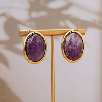 Retro Oval Stud Earrings With Crystal Inlay, Electroplated Alloy And 925 Sterling Silver Posts