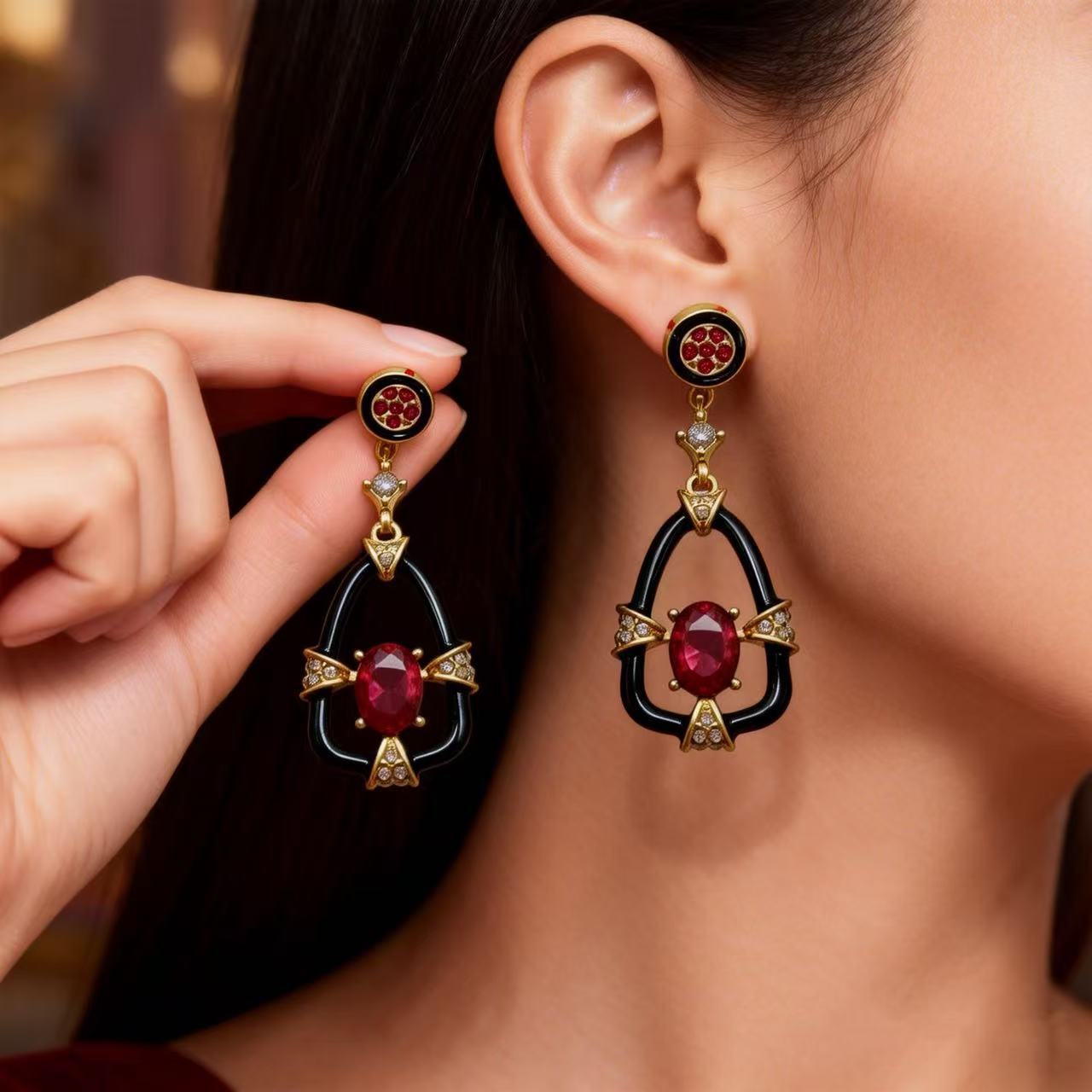 Water Droplets Stud Earrings For Unisex Featuring Dyed Black Zinc Alloy With Rhinestones And 925 Sterling Silver Posts
