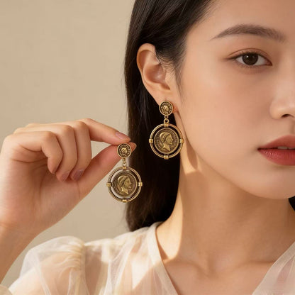 Gold Portrait Stud Earrings For Women Featuring 925 Sterling Silver Metal In Retro Style