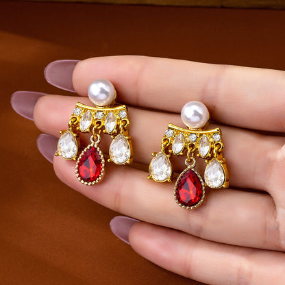 Water Droplets Earrings For Unisex Featuring Electroplated Zinc Alloy With 925 Sterling Silver Studs And Artificial Pearl Inlay