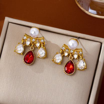 Water Droplets Earrings For Unisex Featuring Electroplated Zinc Alloy With 925 Sterling Silver Studs And Artificial Pearl Inlay