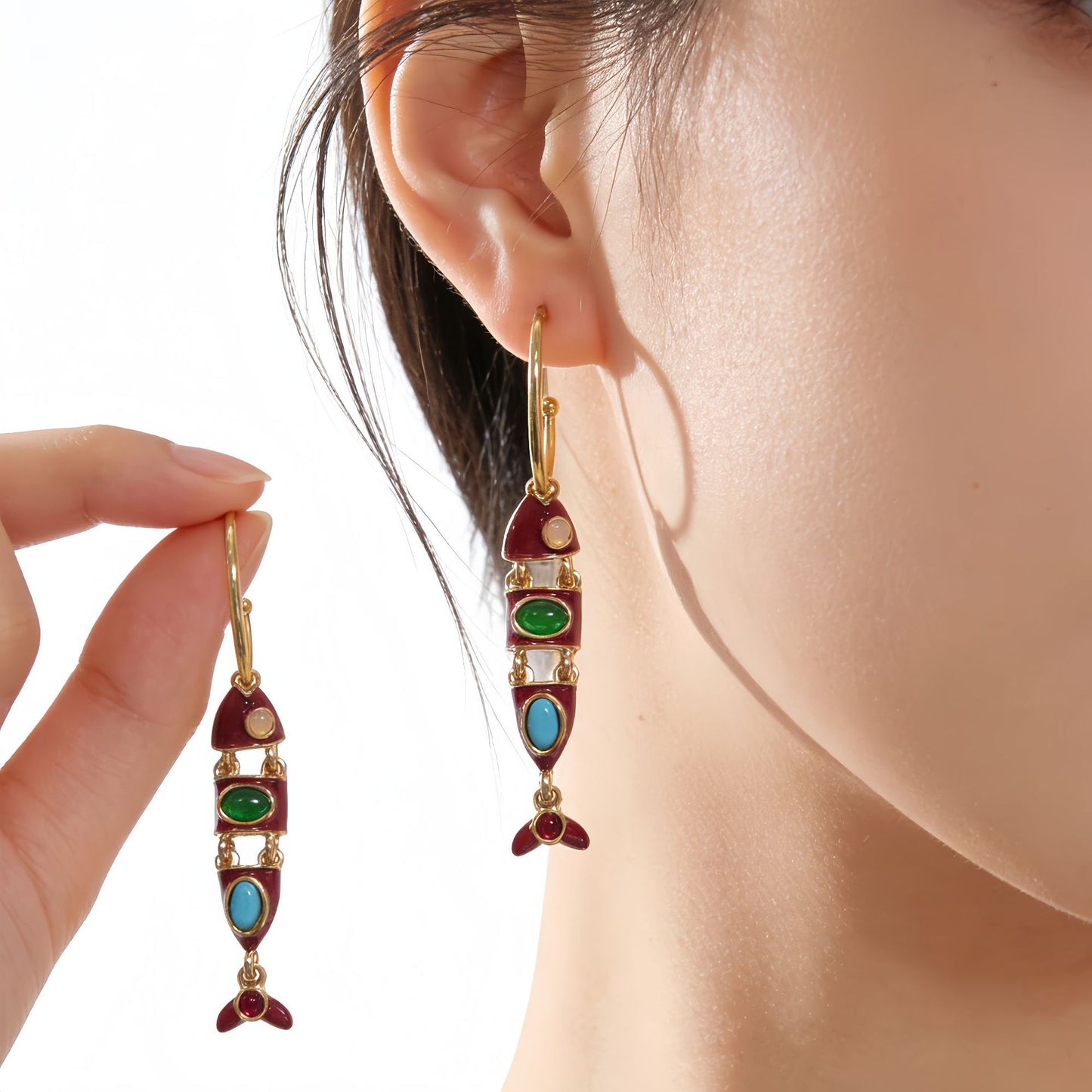 Fish Enamel Earrings For Unisex Featuring Red Zinc Alloy With 925 Sterling Silver Stud Posts