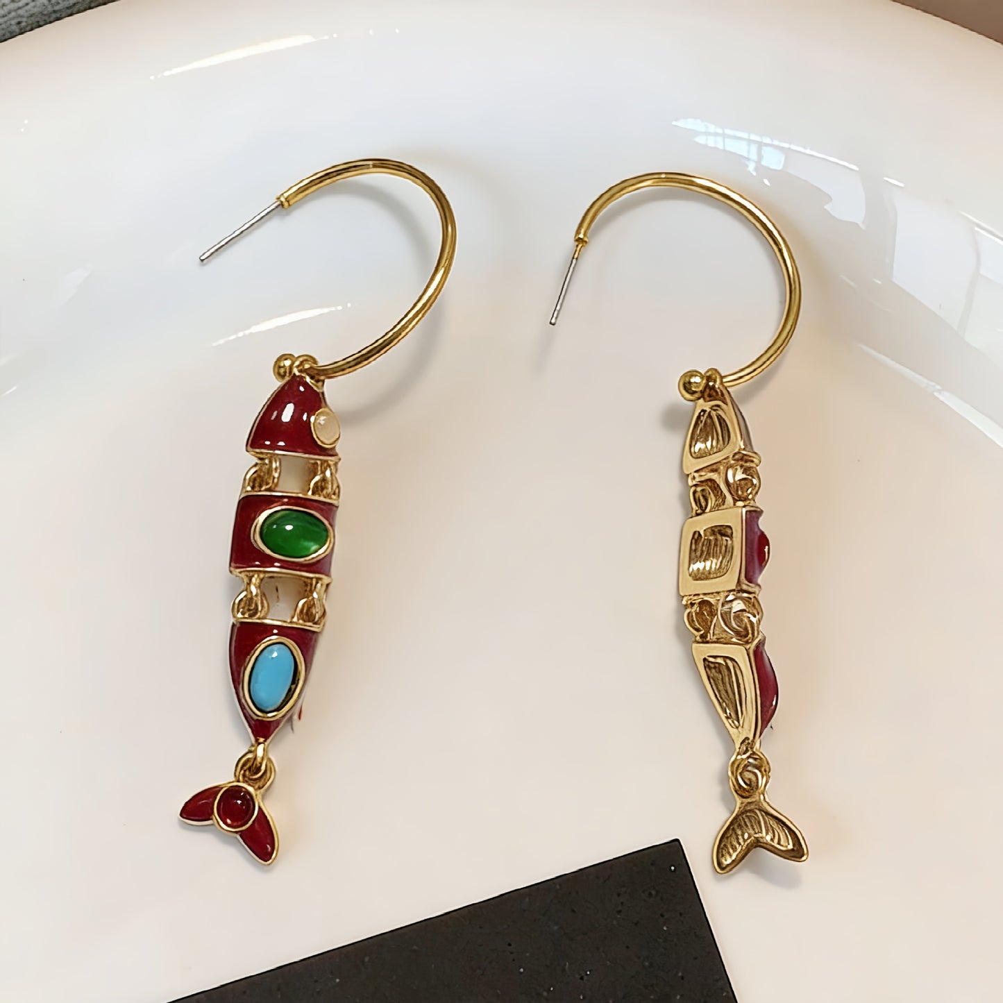 Fish Enamel Earrings For Unisex Featuring Red Zinc Alloy With 925 Sterling Silver Stud Posts