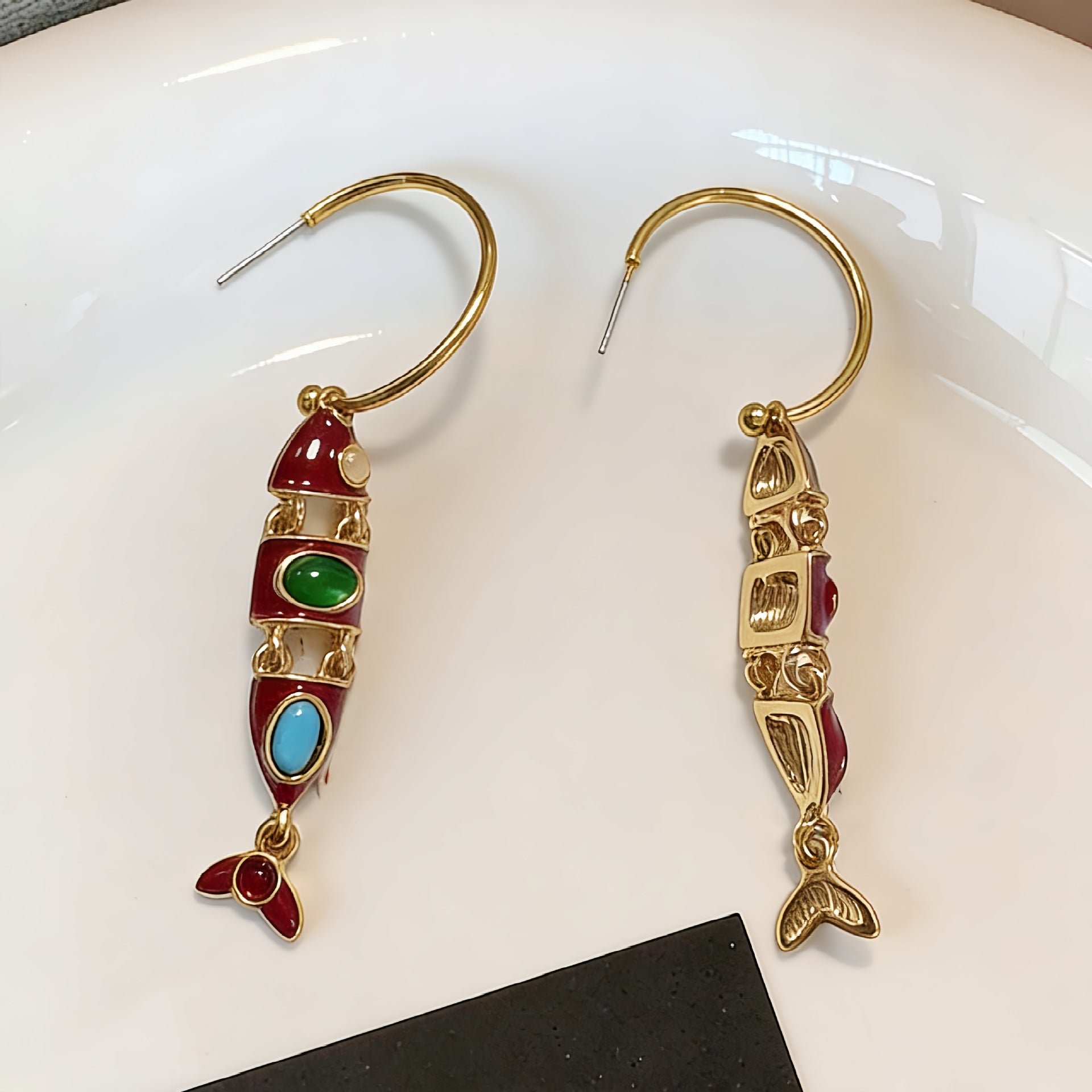 Fish Enamel Earrings For Unisex Featuring Red Zinc Alloy With 925 Sterling Silver Stud Posts
