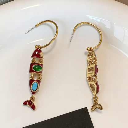 Fish Enamel Earrings For Unisex Featuring Red Zinc Alloy With 925 Sterling Silver Stud Posts