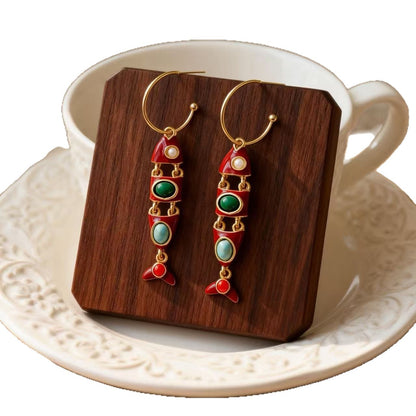 Fish Enamel Earrings For Unisex Featuring Red Zinc Alloy With 925 Sterling Silver Stud Posts