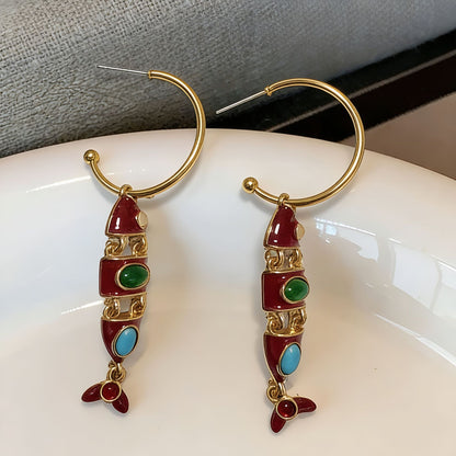 Fish Enamel Earrings For Unisex Featuring Red Zinc Alloy With 925 Sterling Silver Stud Posts