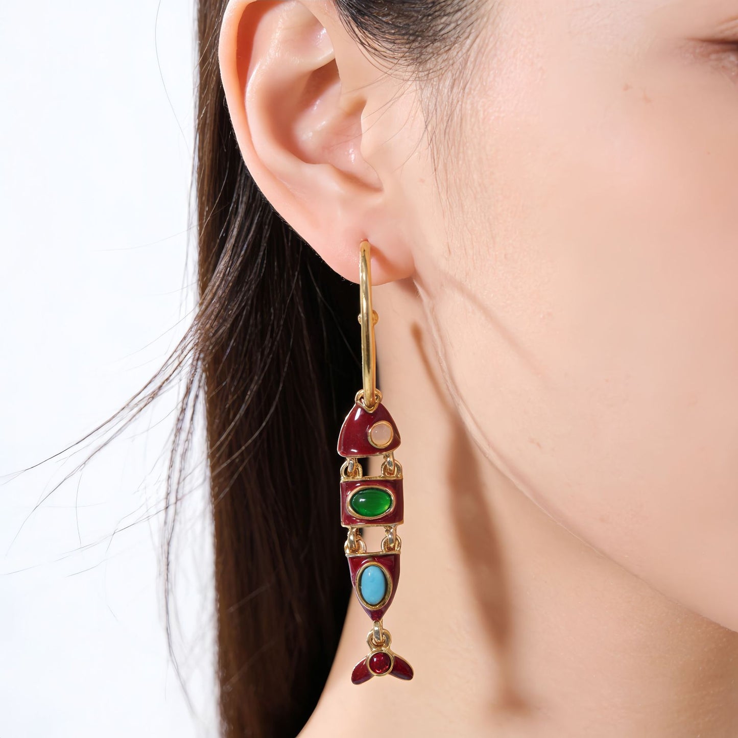 Fish Enamel Earrings For Unisex Featuring Red Zinc Alloy With 925 Sterling Silver Stud Posts