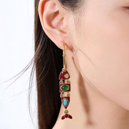 Fish Enamel Earrings For Unisex Featuring Red Zinc Alloy With 925 Sterling Silver Stud Posts