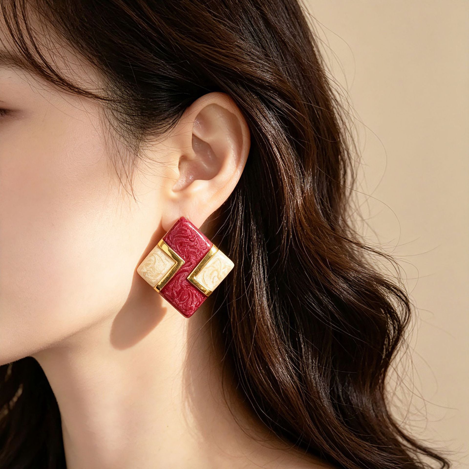 Square Enamel Stud Earrings For Unisex Featuring Zinc Alloy With 925 Sterling Silver Ear Pins In Silver