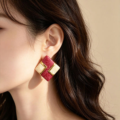 Square Enamel Stud Earrings For Unisex Featuring Zinc Alloy With 925 Sterling Silver Ear Pins In Silver
