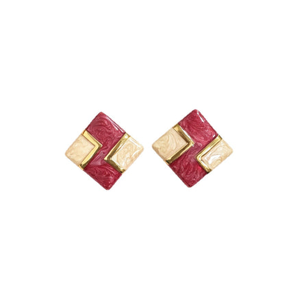 Square Enamel Stud Earrings For Unisex Featuring Zinc Alloy With 925 Sterling Silver Ear Pins In Silver