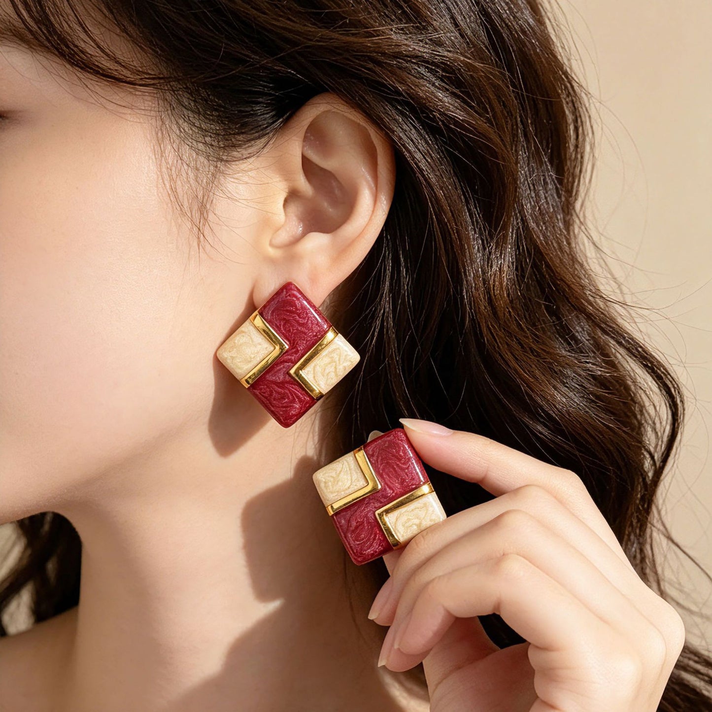 Square Enamel Stud Earrings For Unisex Featuring Zinc Alloy With 925 Sterling Silver Ear Pins In Silver