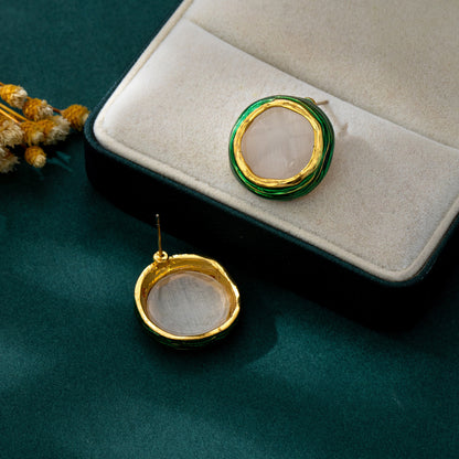 Round Enamel Stud Earrings For Unisex Featuring Cat's Eye Stone In Zinc Alloy With 925 Sterling Silver Ear Pins