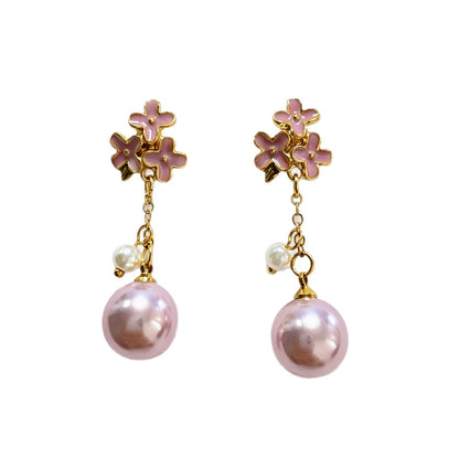 Natural Pink Enamel Flowers Drop Earrings For Women Featuring 925 Sterling Silver Studs And Zinc Alloy Craft