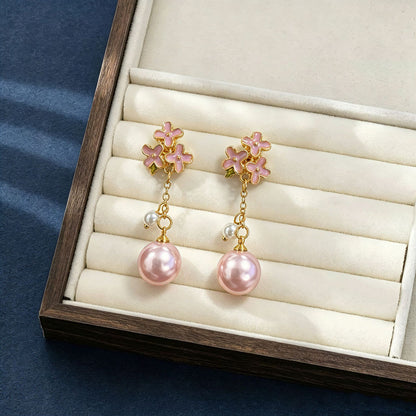 Natural Pink Enamel Flowers Drop Earrings For Women Featuring 925 Sterling Silver Studs And Zinc Alloy Craft