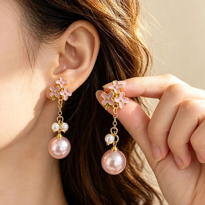 Natural Pink Enamel Flowers Drop Earrings For Women Featuring 925 Sterling Silver Studs And Zinc Alloy Craft