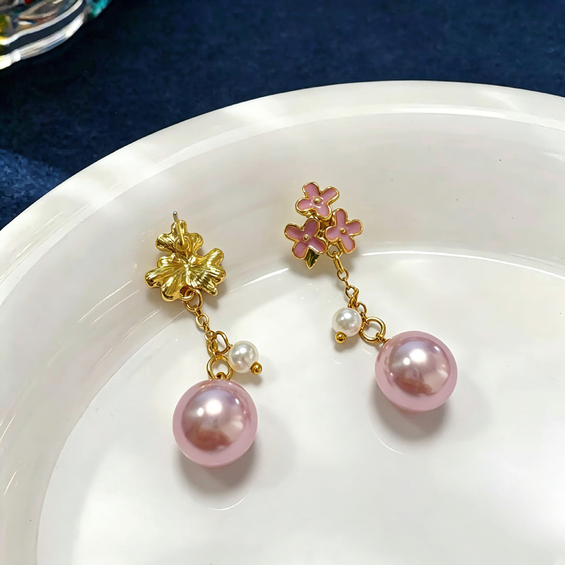 Natural Pink Enamel Flowers Drop Earrings For Women Featuring 925 Sterling Silver Studs And Zinc Alloy Craft